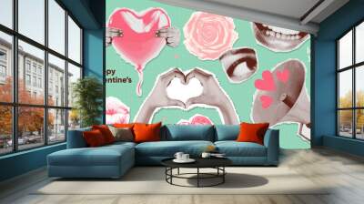 Valentine's day collage stickers set. Contemporary mixed media art with halftone heart, rose, lips, megaphone, hands paper cut out symbols of Valentine's Day. Retro 90s vector illustration Wall mural