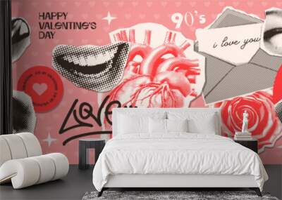 Y2k Collage grunge stickers for Valentine's day with lovely stickers in halftone style . Vintage dotted punk collage elements of lips, eyes, paper and online letters on retro poster. Vector Wall mural