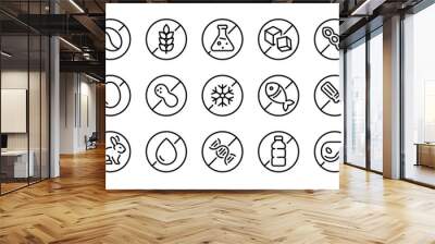 Allergen free badges. No sugar, gluten, lactose, oil free editable stroke thin outline icons set isolated on white background flat vector illustration. Pixel perfect. 64 x 64. Wall mural