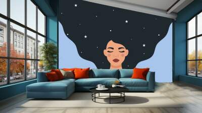 Beautiful woman character with stars in her hair. Imagination, dreaming or harmony concept. Flat style vector illustration. Wall mural