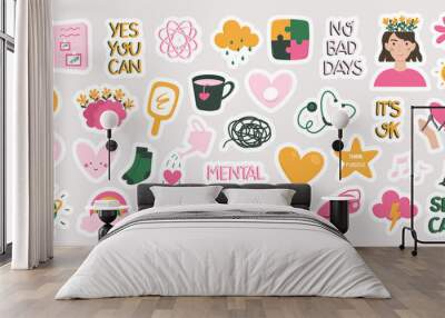 Mental health, mind therapy, self care and love, compassion and positive thinking concept collection of hand drawn flat stickers vector illustration. Wall mural