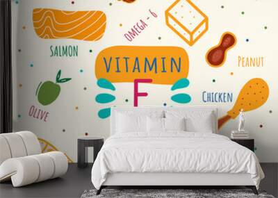 Vitamin f containing foods: chicken, eggs, beef, peanut, walnut, pine nut, eel fish, salmon, melt eggs, butter, olive. Omega 3 and omega 6 foods hand drawn illustration. Wall mural