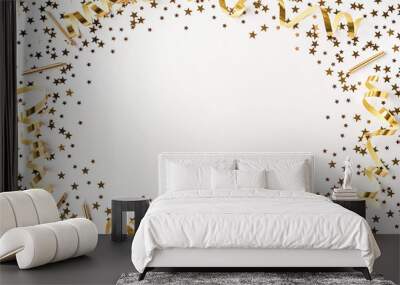 Golden star shaped confetti, candles and party streamers on white background. Holiday concept. Backdrop for your design. Flat lay style. Place for text. Wall mural