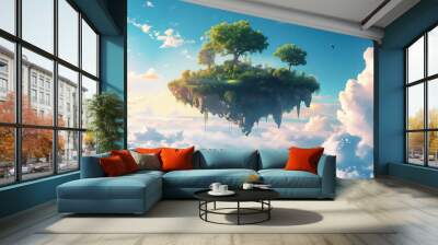 Surreal green island with trees floating in the cloudy sky landscape. Fantasy world concept. Wall mural