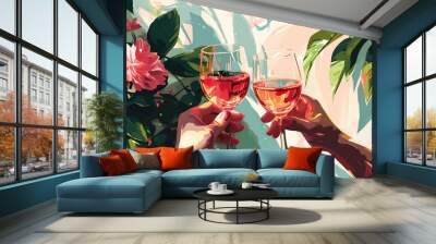 Two hands holding flutes of rose champagne against the painted wall with flowers in a vintage style. Wall mural