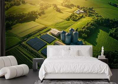 Aerial view of a solar-powered farm surrounded by green fields Wall mural