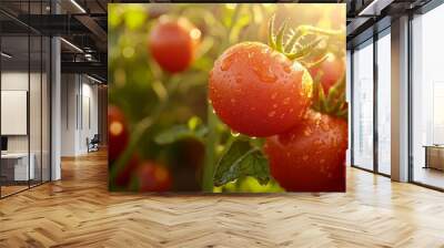 Close-up of ripe tomatoes on the vine covered in dewdrops in a sunlit garden Wall mural