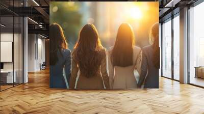 Group of businesswomen walking together in the city at sunset Wall mural