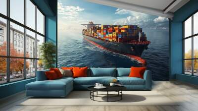 Large cargo ship loaded with colorful containers sailing across the ocean Wall mural