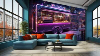 Neon-lit food truck in urban night setting with string lights Wall mural