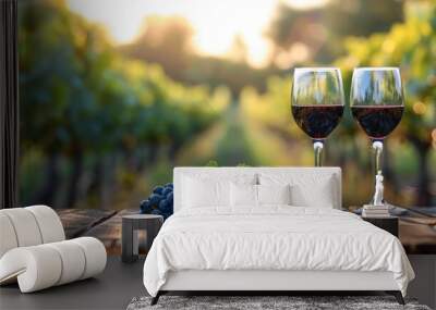 Wineglasses with Grapes on Wooden Table in Vineyard Setting Wall mural