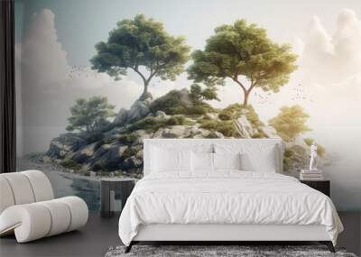 illustration of island with two trees on white sandstone. Generative AI Wall mural