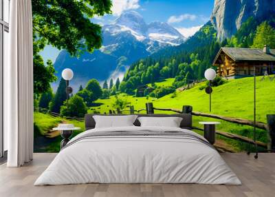 landscape with wooden fence next to the house in the mountains Wall mural