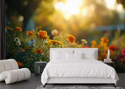 Beautiful cosmos flower in the field at sunset Wall mural