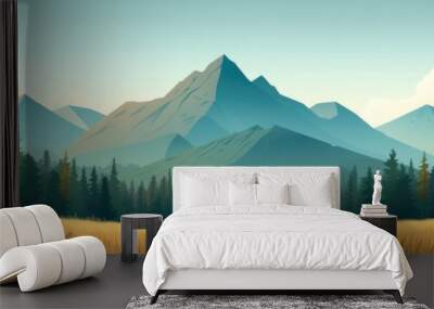 Calm mountain range and pine forest in flat design Wall mural