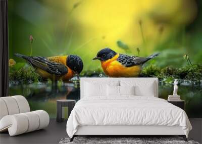 Close-Up of Two Birds Enjoying a Drink at the Pond. Wall mural