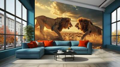 large fight lions in the desert with golden sunset Wall mural