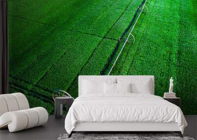 Aerial View from a Drone Flying above Green Farm Field Growing Crops Irrigation Pivot Sprinklers Wall mural