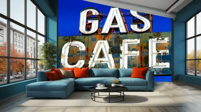 Old Vintage Gas Cafe Sign with Blue Sky Worn Americana Wall mural