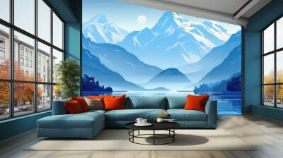 Vector landscape of mountains, lake and blue clouds. Wall mural