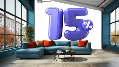 3d render number   15% percentage blue sale, discount sale element, transparent, for banner discount, landing page, easy edit Wall mural