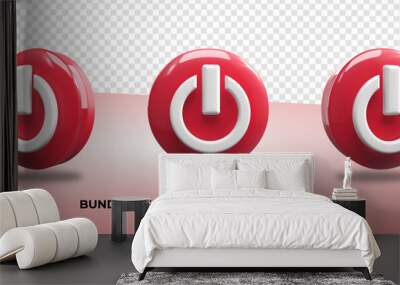 Bundle of 3D Render power button 3d icon png, red color Wall mural