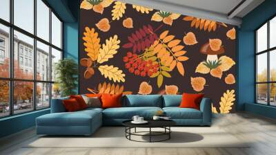 forest gifts, bright autumn leaves and rowan berries, acorns, white mushroom, autumn seamless pattern Wall mural