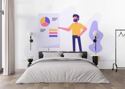 Confident young man standing near flip chart and pointing graph and diagram. Creative business concept. Office interior. Modern vector illustration. Flat design. Wall mural