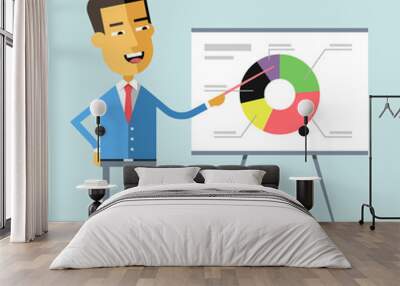 handsome asian manager gives a presentation and shows a diagram cartoon character - asian businessma Wall mural