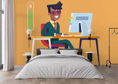 Handsome young black businessman character full of energy to work. Vector flat cartoon illustration Wall mural