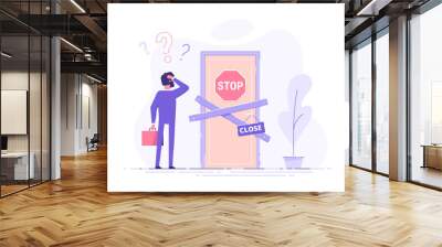 Preoccupied business man is standing near the closed door and scratching his head. Metaphor of issues and questions. Modern vector illustration. Wall mural