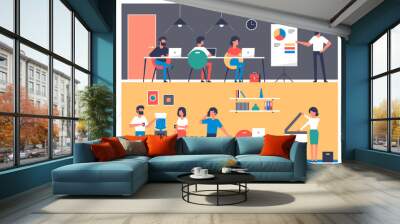 Set of workers characters in office interior. Business meeting, teamwork, brainstorming, planning, conference in flat style. Office work daily routine. Business infographic element. Wall mural