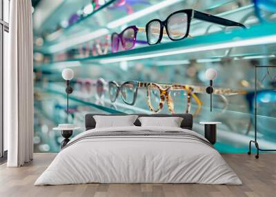 Spectacle optics shop, Fashion glasses on display on the shelf of the optical store mall Wall mural