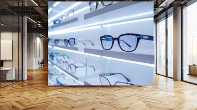 A row of eyeglasses on a shelf in a store. Modern optical shop background, Glasses assortment display Wall mural