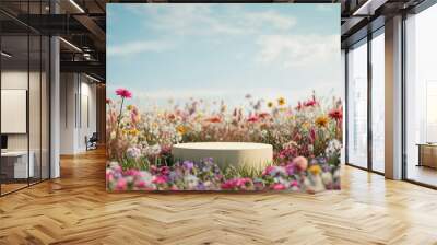 Background scene with empty wooden podium platform and blurred summer flowers field. Beauty product display. Organic Natural concept. Mock up, Spa. Wall mural