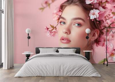 Beautiful fashion portrait of young woman with wreath of spring flowers in hairstyle over pink background. For aroma, cosmetics, skincare treatment promotion Wall mural