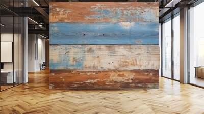 Beautiful Pastel blue and beige color texture of old cracked wooden boards. Horizontal artistic background with space for design. Wall mural