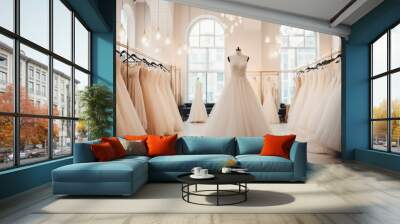 Gorgeous and sophisticated bridal dress elegantly displayed on hangers. Array of wedding dresses hanging in a boutique bridal shop salon. Blurred background in beige tones and sunlight. Wall mural