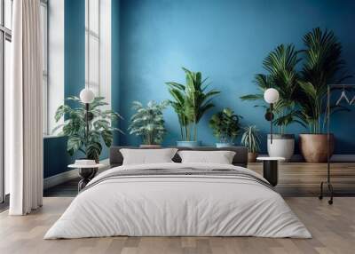 The indoor potted plants decoration in modern room with a wooden floor and blue wall. Generative AI Wall mural