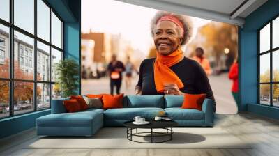 Afro-american senior woman running marathon. Generative AI Wall mural