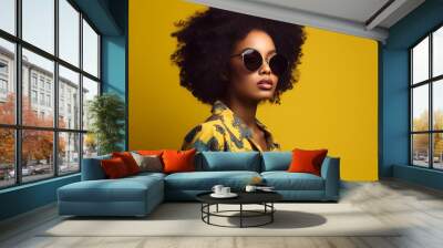 Beautiful afro-american woman in sunglasses on the yellow background, copyspace. Generative AI Wall mural