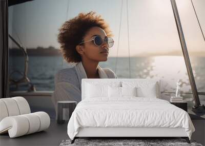 Beautiful afro-american woman relaxing on a yacht. Generative AI Wall mural