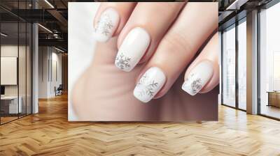 Christmas snowflakes nail art closeup on the white nails. Generative AI Wall mural