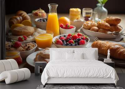 Continental sweet breakfast with pastry and berries. Generative AI Wall mural