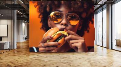 Modern afro-american woman eating hamburger. Generative AI Wall mural