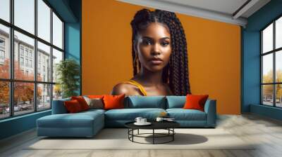 Pretty young afro-american woman with colorful braids on yellow. Generative AI Wall mural