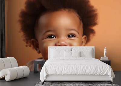 Smiling afro-american baby on the orange background. Generative AI Wall mural