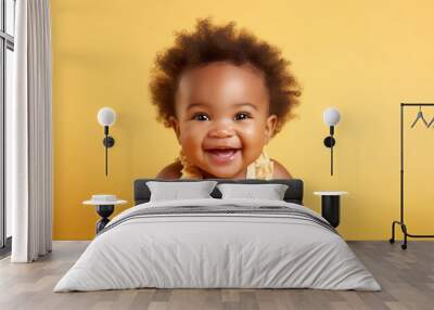 Smiling afro-american baby on the yellow background, copyspace. Generative AI Wall mural