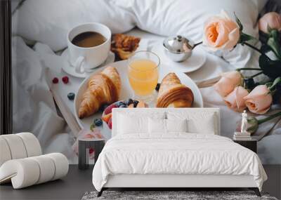 Sweet romantic breakfast for two in bed. Generative AI Wall mural