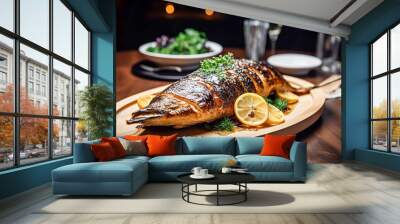 Whole grilled fish served with a lemon. Generative AI Wall mural